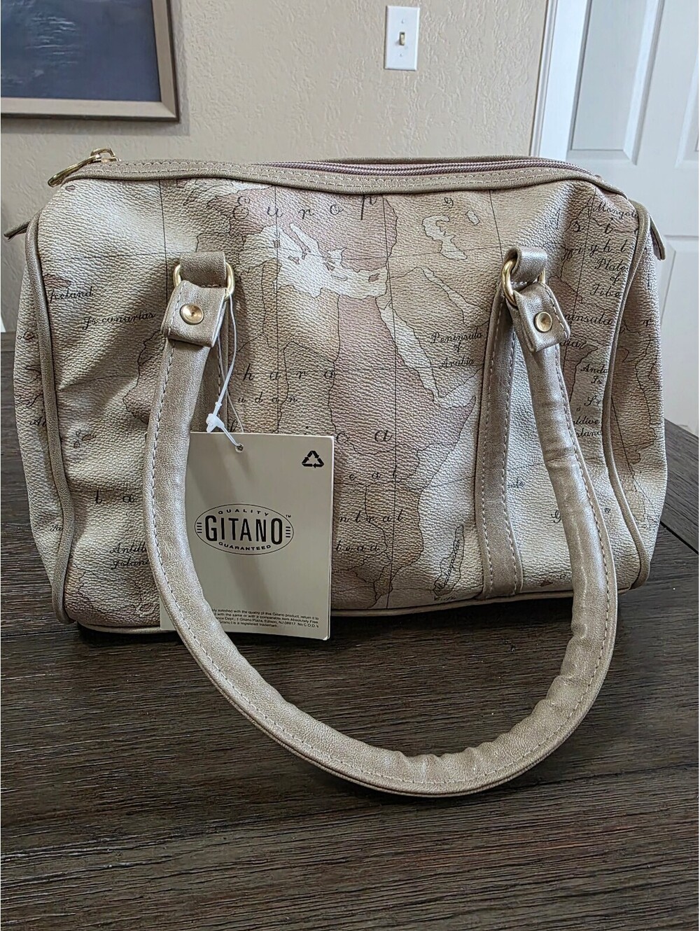 Vintage 80's 90'S Gitano Beige Map Print Satchel Tote Bag with Gold Hardware NWT